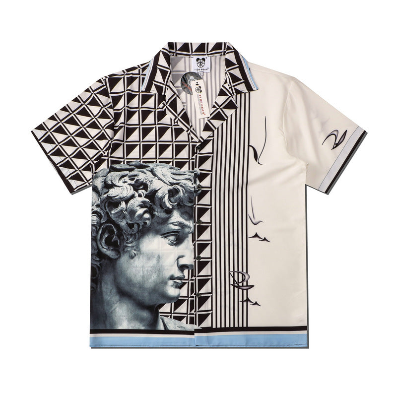 High Street Hawaiian Flower Shirt Statue Full Printed Beach Cardigan Short Sleeve Men - WAlMYe #