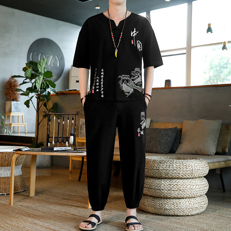 Embroidered Retro Cotton And Linen Short-sleeved T-shirt Casual Loose Trend Tang Suit