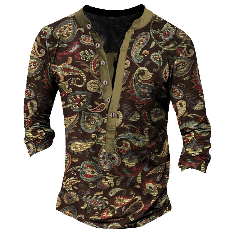 Printed Retro Fashion Casual Henry Neck Long Sleeves T-shirt - WAlMYe #