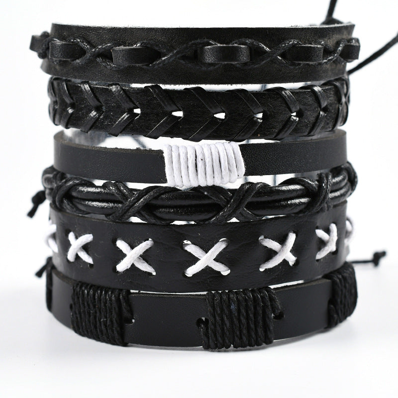 Men's Cross Braided Leather Adjustable Set Bracelet