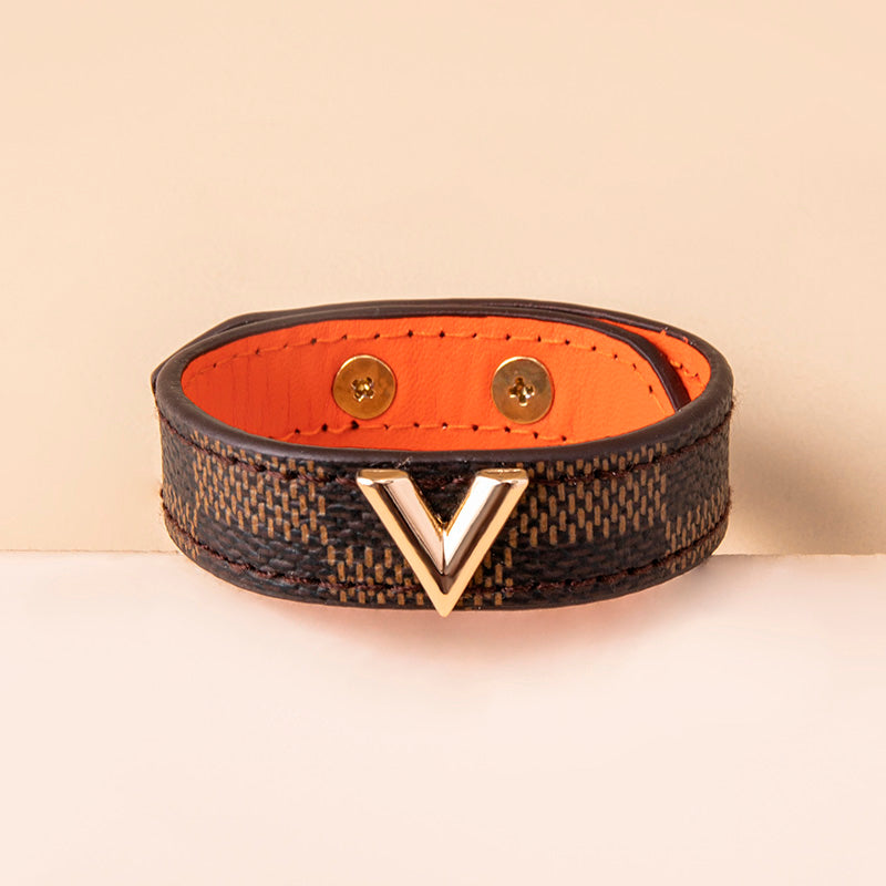 Classic Brown Plaid Stripe Leather Bracelets Bangles For Women - WAlMYe #