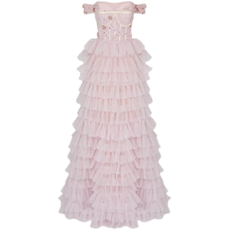 One-line Shoulder Wipe Chest Princess Studded Beaded Cake Skirt Pink Wedding Dress