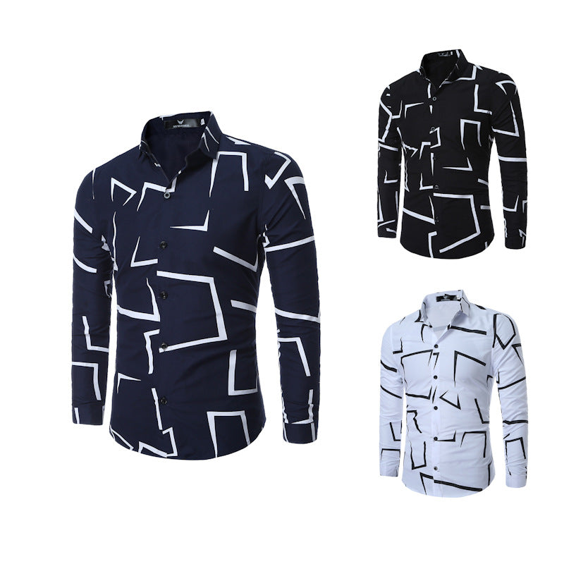 Men's Geometric Print Casual Long-Sleeved Shirt - WAlMYe #