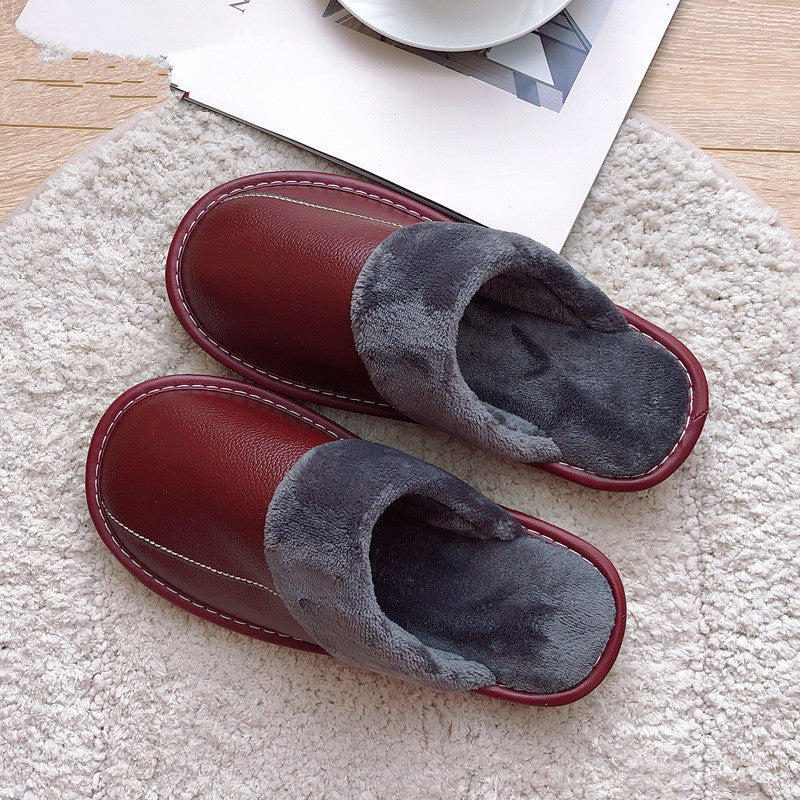Genuine Leather Surface Cotton Home Waterproof Thick Bottom Plush Warm Slippers - WAlMYe #