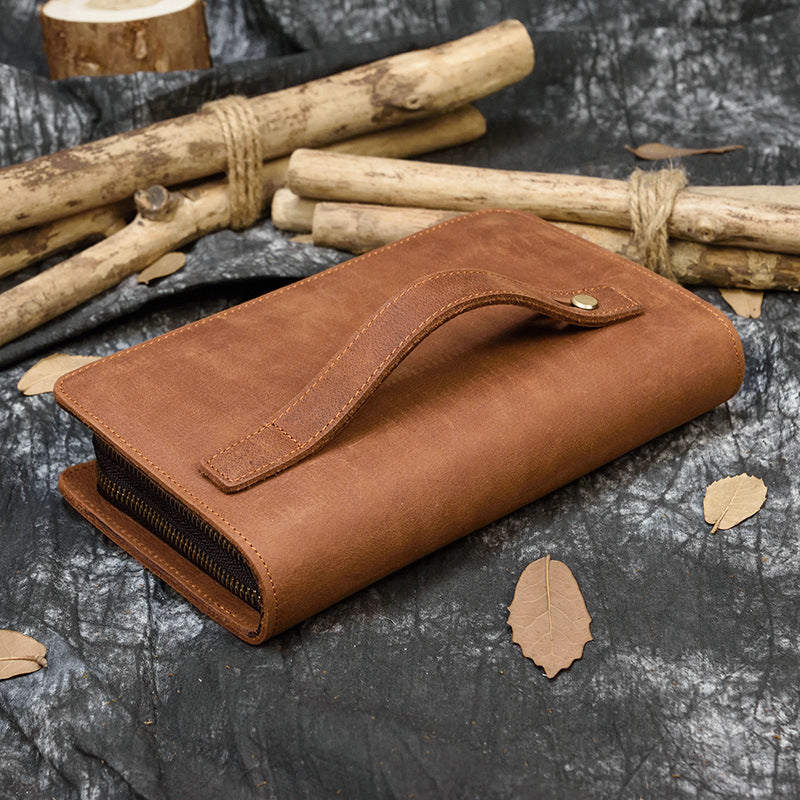 Crazy Horse Leather Double Zip Money Clutch - WAlMYe #