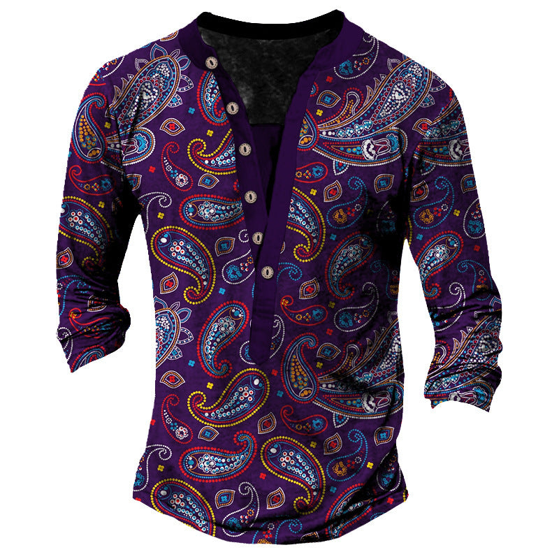 Printed Retro Fashion Casual Henry Neck Long Sleeves T-shirt - WAlMYe #