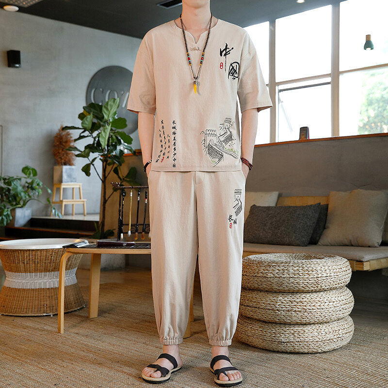 Embroidered Retro Cotton And Linen Short-sleeved T-shirt Casual Loose Trend Tang Suit