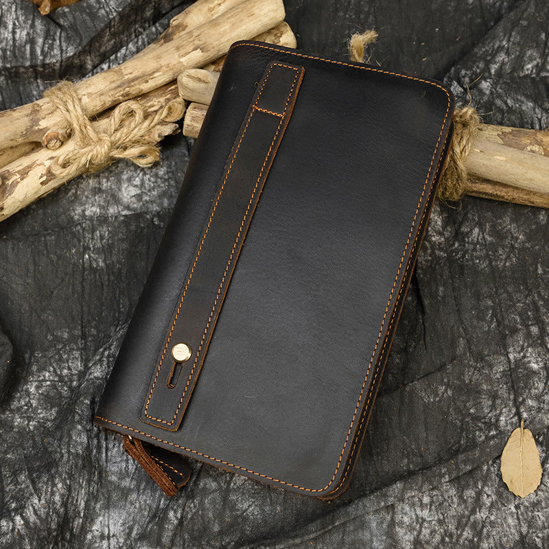 Crazy Horse Leather Double Zip Money Clutch - WAlMYe #