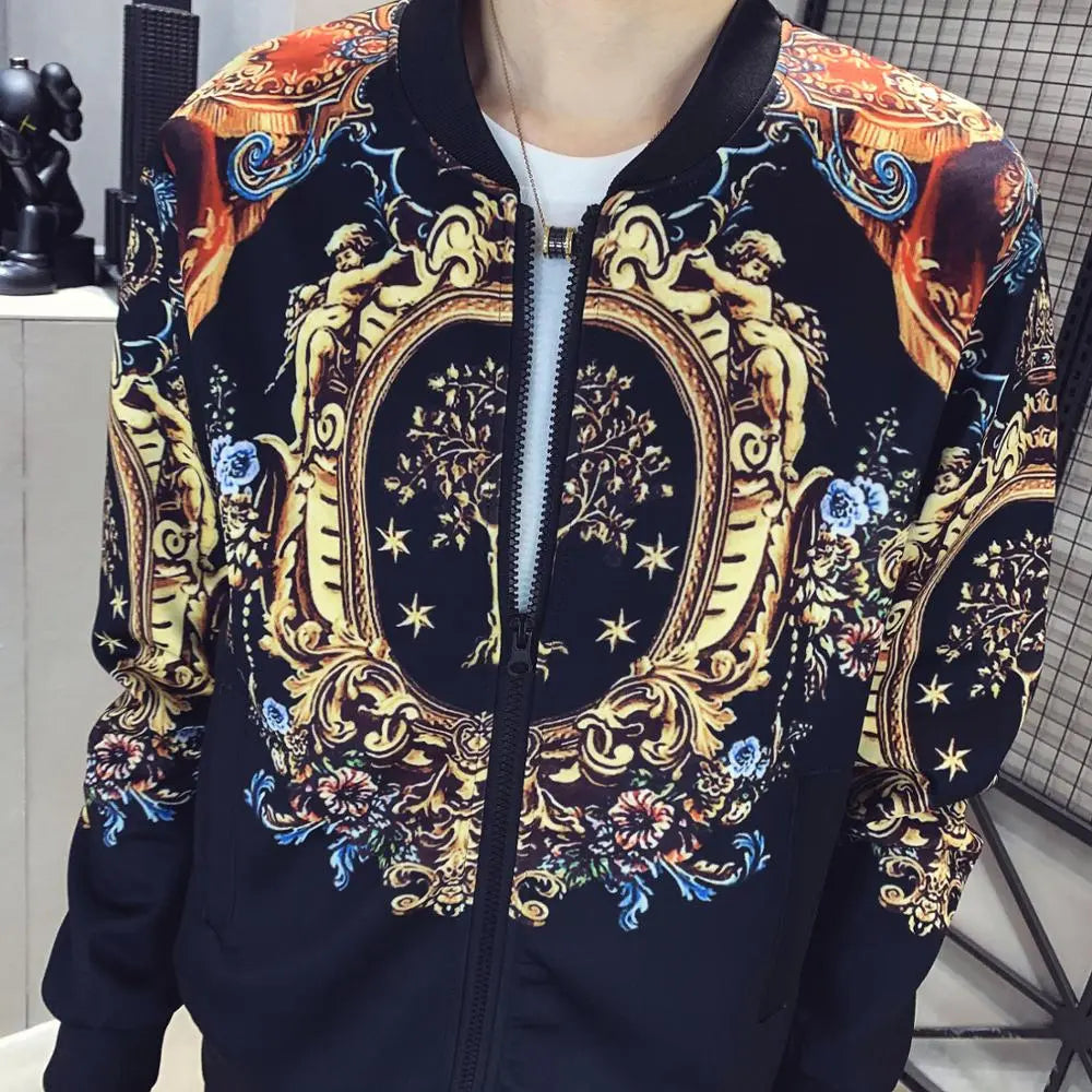 Autumn Men's Sports 2-Piece Gold Print Jacket Pant Tracksuit Suit New Men Sportswear Hombre Men's Casual Printing Suit - WAlMYe #