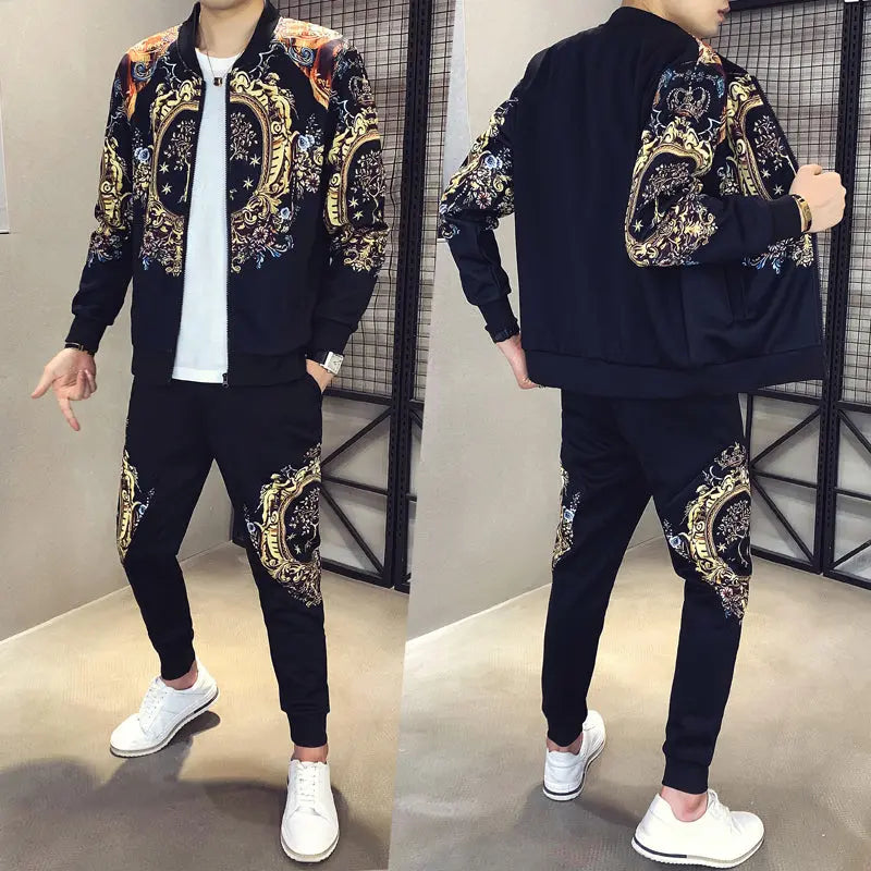 Autumn Men's Sports 2-Piece Gold Print Jacket Pant Tracksuit Suit New Men Sportswear Hombre Men's Casual Printing Suit - WAlMYe #