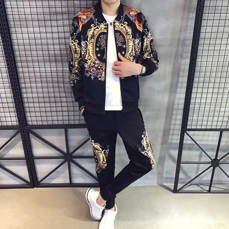Autumn Men's Sports 2-Piece Gold Print Jacket Pant Tracksuit Suit New Men Sportswear Hombre Men's Casual Printing Suit - WAlMYe #