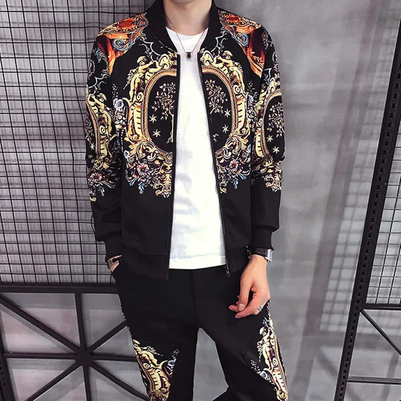 Autumn Men's Sports 2-Piece Gold Print Jacket Pant Tracksuit Suit New Men Sportswear Hombre Men's Casual Printing Suit - WAlMYe #