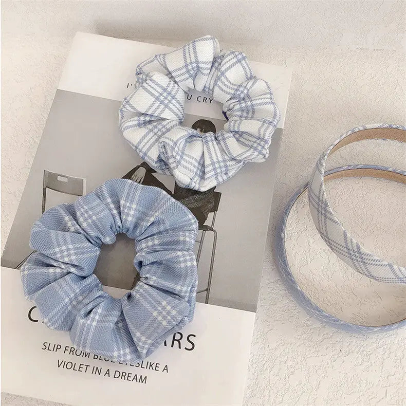Blue And White Plaid Hair Band Ring Head Rope Rubber Band Hair Ring - WAlMYe #