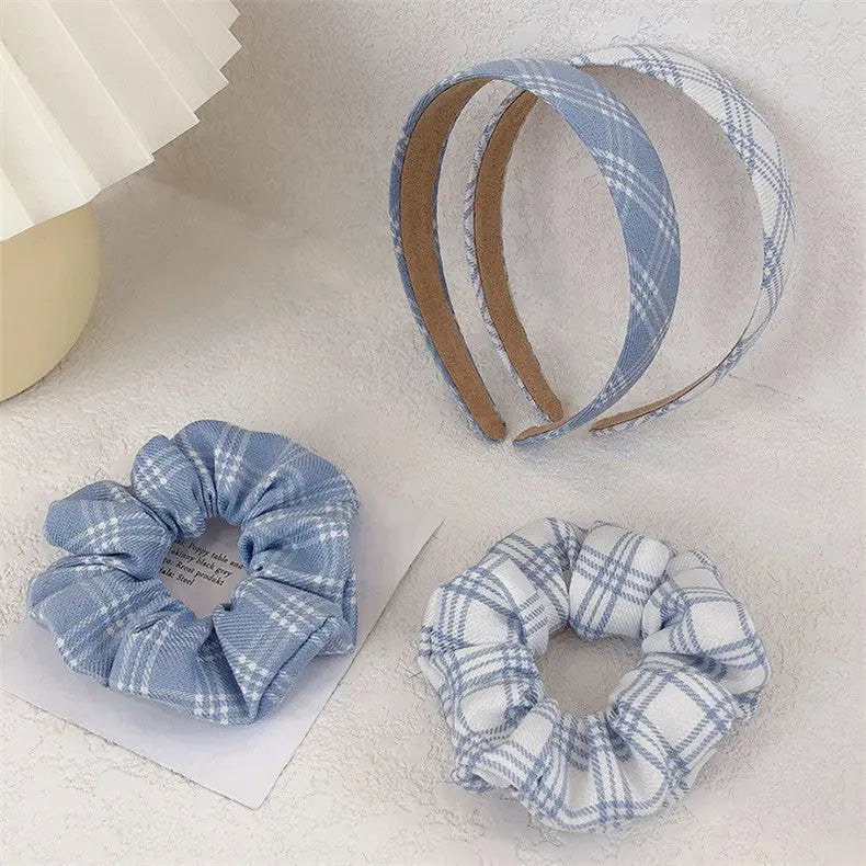 Blue And White Plaid Hair Band Ring Head Rope Rubber Band Hair Ring - WAlMYe #