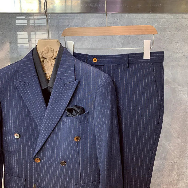 British Style Formal Wear Striped Double-breasted Blazer - WAlMYe #