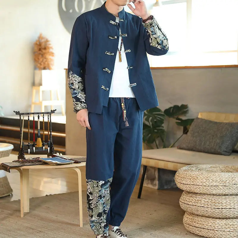 Cardigan With Coil Buckle Hanfu Antique Cotton Hemp Youth Stand Collar Two Piece Suit - WAlMYe #