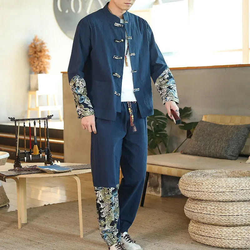 Cardigan With Coil Buckle Hanfu Antique Cotton Hemp Youth Stand Collar Two Piece Suit - WAlMYe #