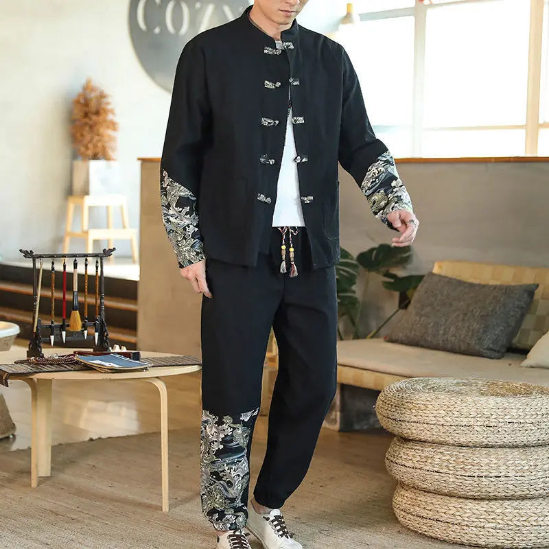 Cardigan With Coil Buckle Hanfu Antique Cotton Hemp Youth Stand Collar Two Piece Suit - WAlMYe #