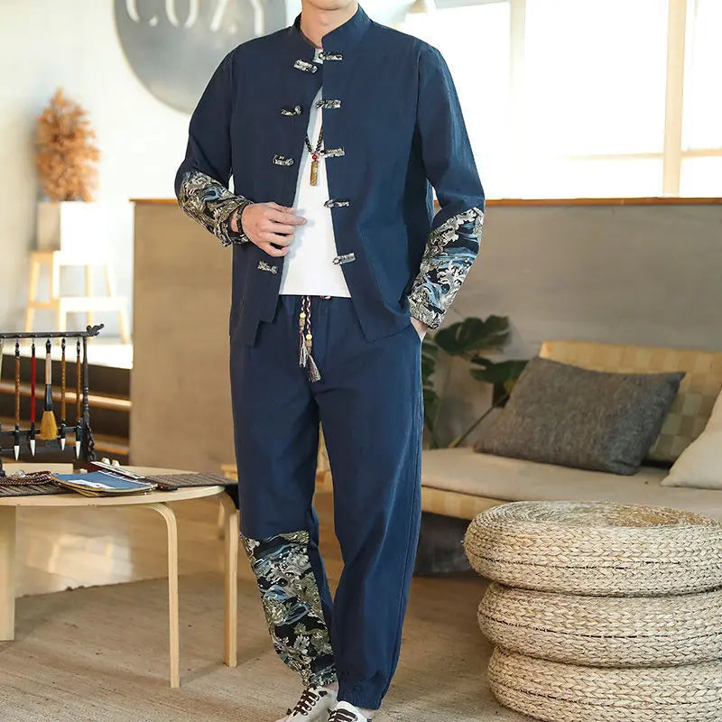Cardigan With Coil Buckle Hanfu Antique Cotton Hemp Youth Stand Collar Two Piece Suit - WAlMYe #