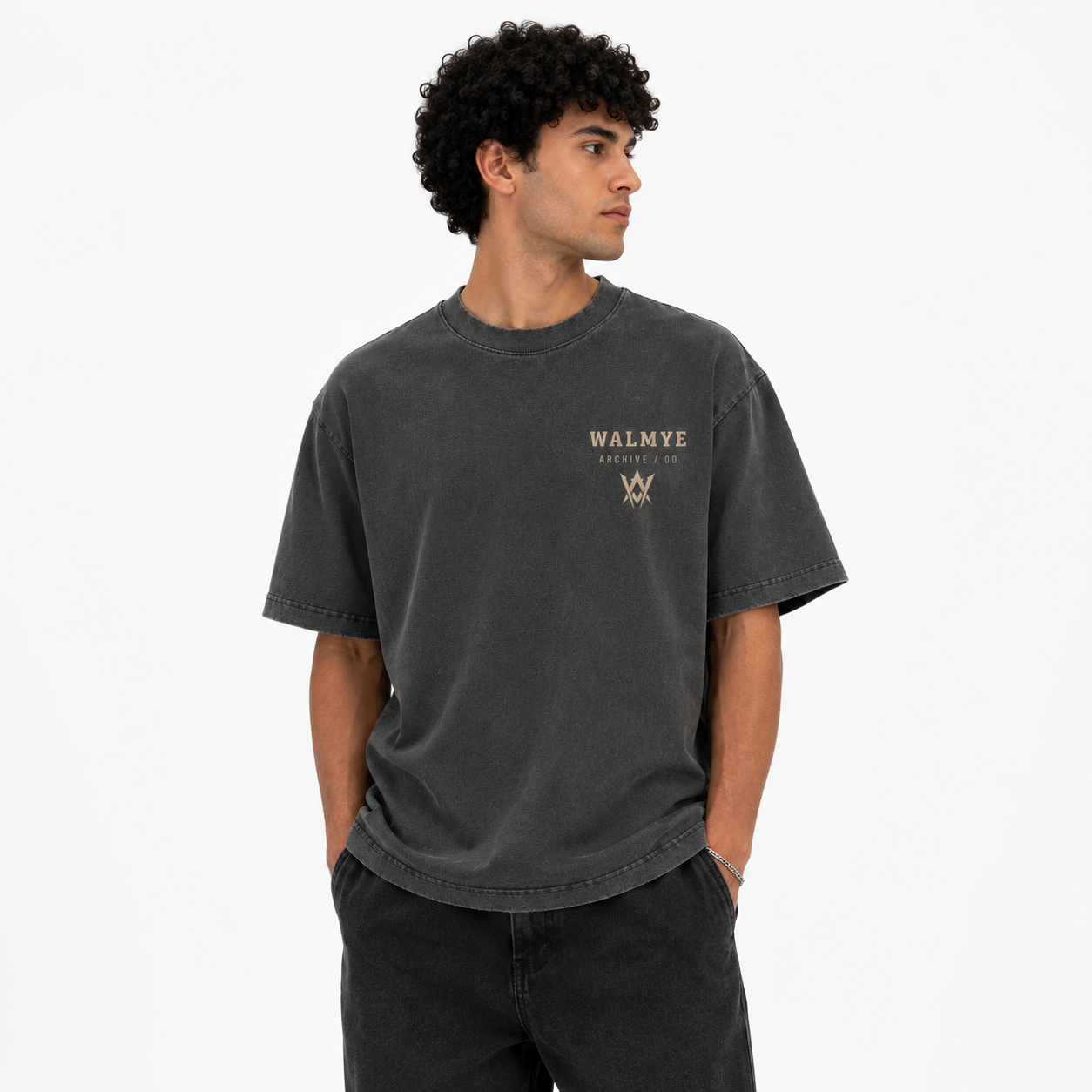 WALMYE Archive Heavyweight Vintage Washed Frayed Tee – Dark Gray