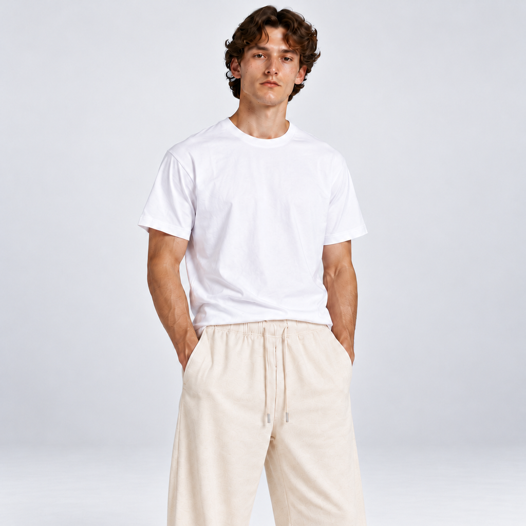 WALMYE Essential Wide-Leg Drawstring Pants in Mild Apricot - studio product and styling view 4
