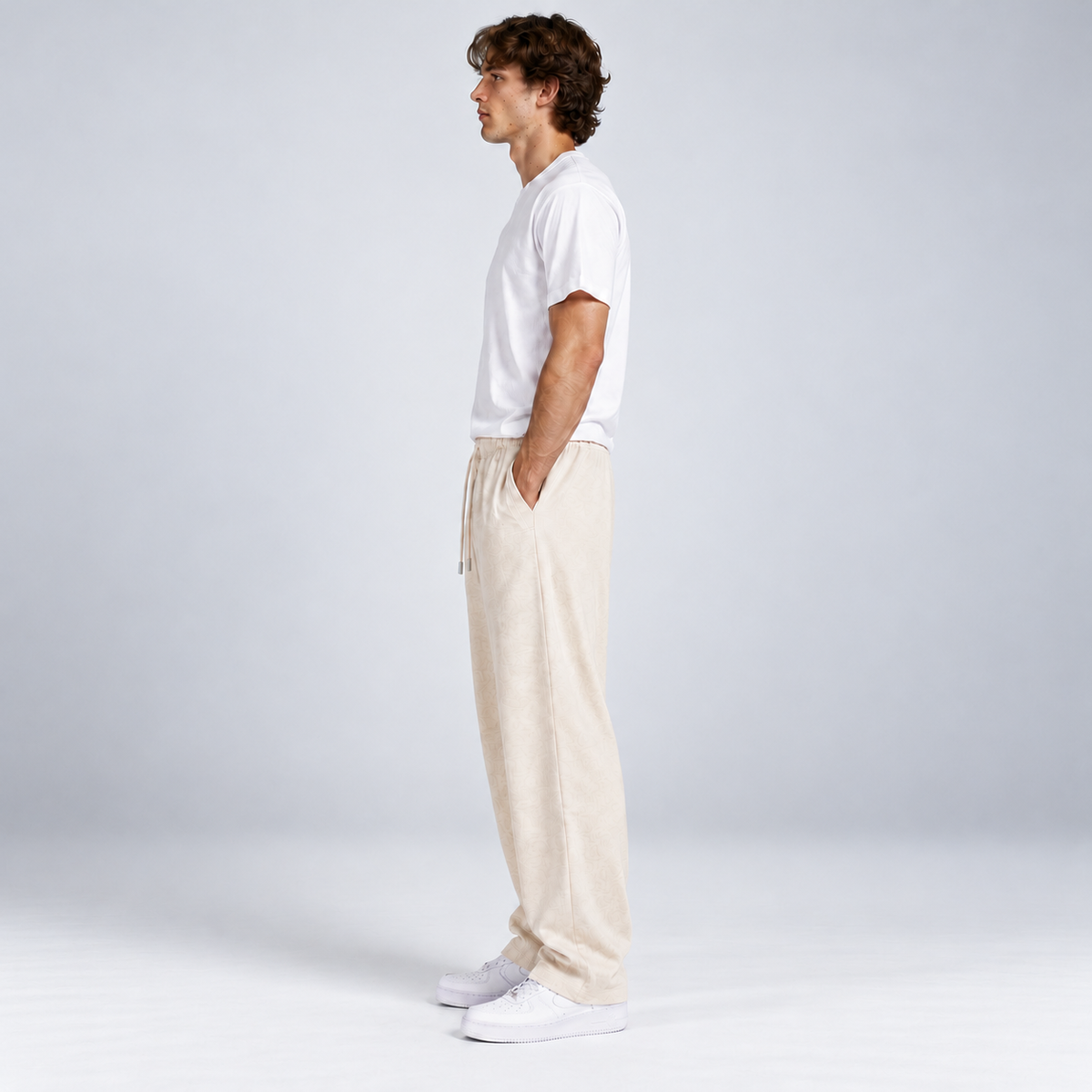 WALMYE Essential Wide-Leg Drawstring Pants in Mild Apricot - studio product and styling view 3