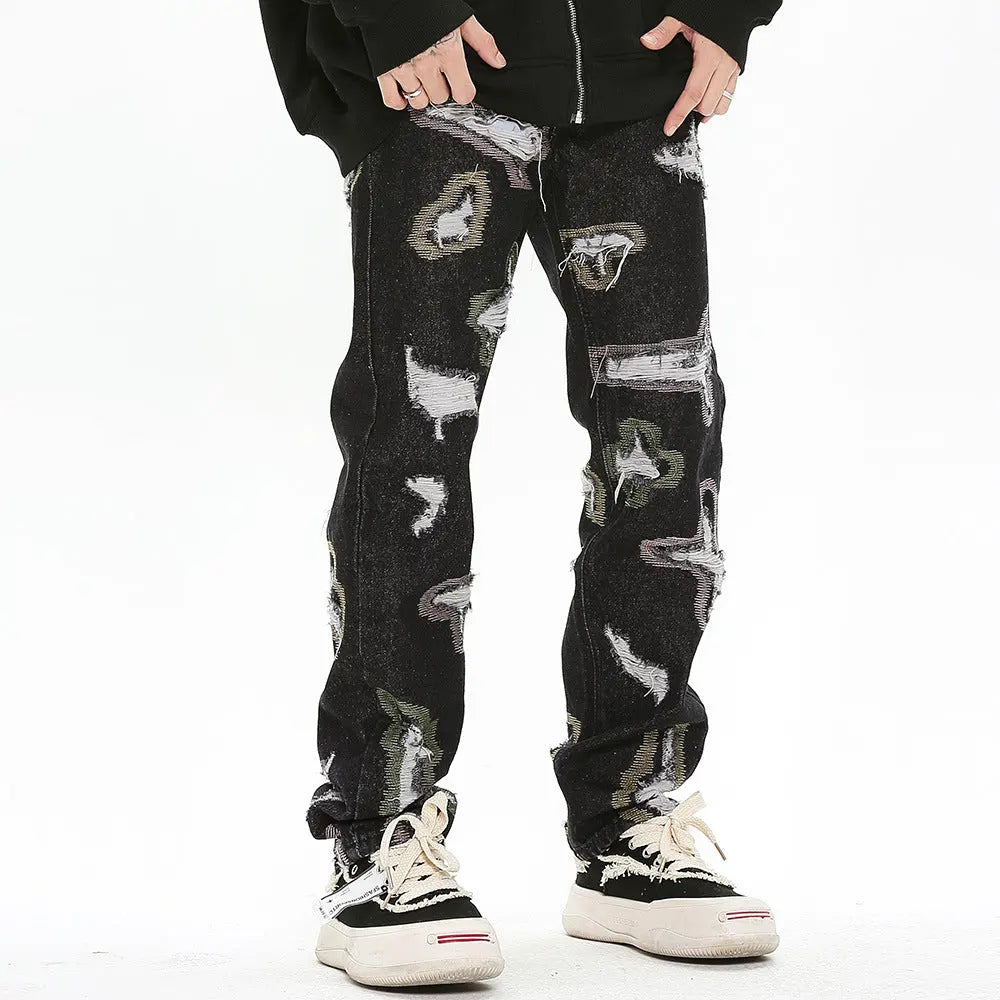Color Contrast Ripped Embroidered Jeans American Style - WAlMYe #