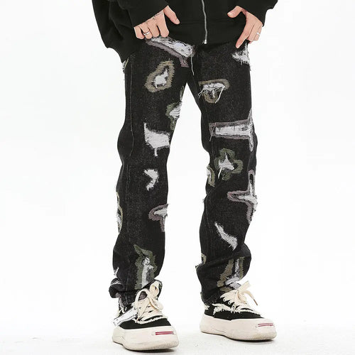 Color Contrast Ripped Embroidered Jeans American Style - WAlMYe #