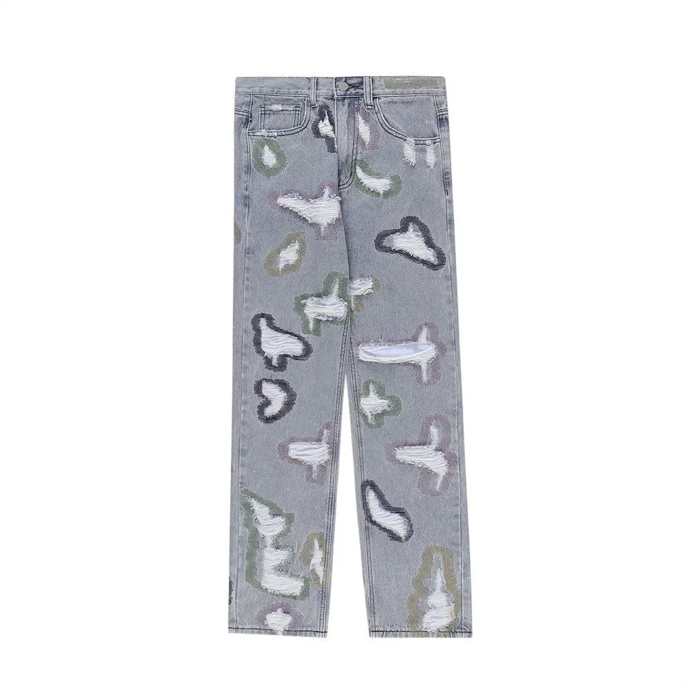 Color Contrast Ripped Embroidered Jeans American Style - WAlMYe #