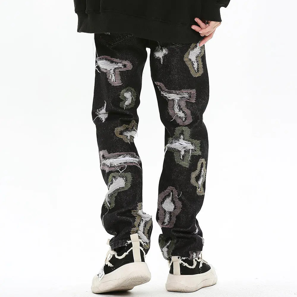 Color Contrast Ripped Embroidered Jeans American Style - WAlMYe #