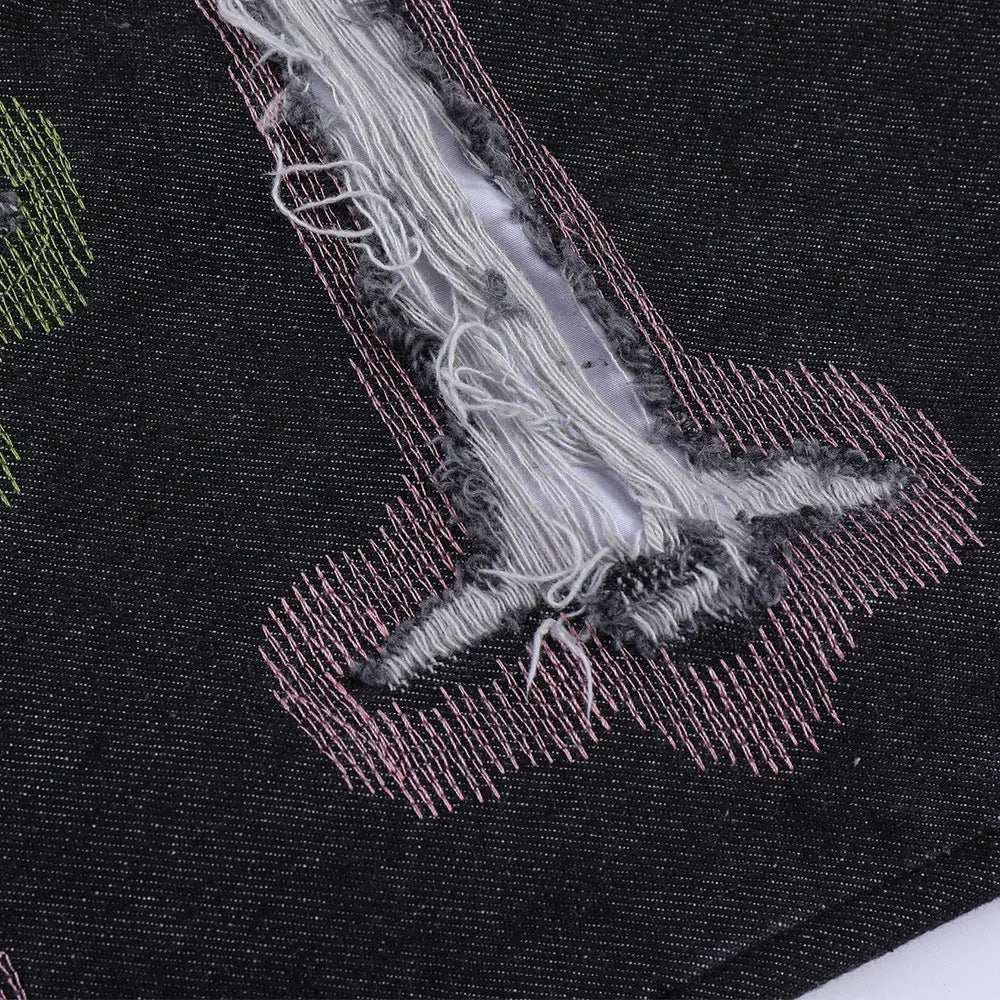 Color Contrast Ripped Embroidered Jeans American Style - WAlMYe #