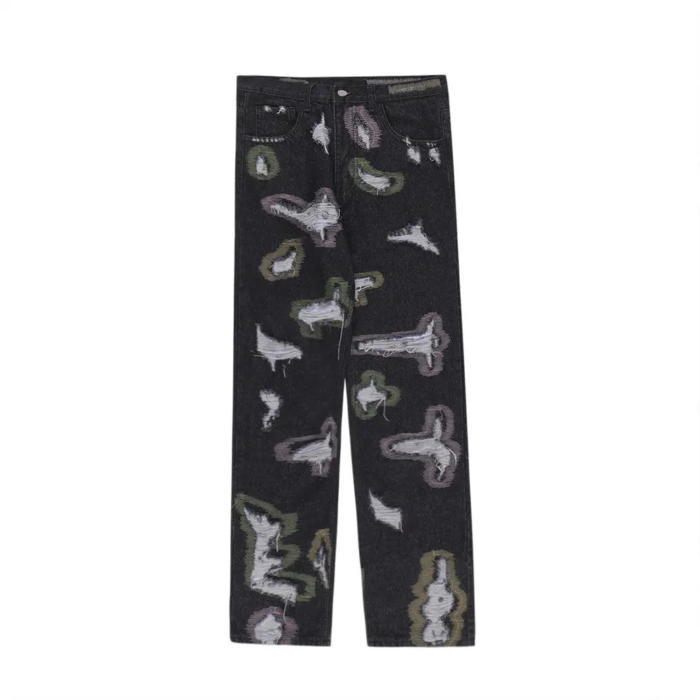 Color Contrast Ripped Embroidered Jeans American Style - WAlMYe #