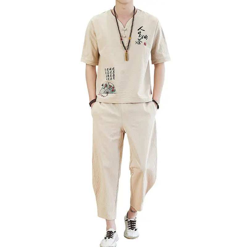 Embroidered Retro Cotton And Linen Short-sleeved T-shirt Casual Loose Trend Tang Suit - WAlMYe #