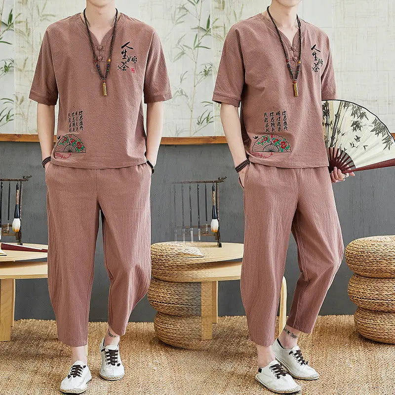 Embroidered Retro Cotton And Linen Short-sleeved T-shirt Casual Loose Trend Tang Suit - WAlMYe #
