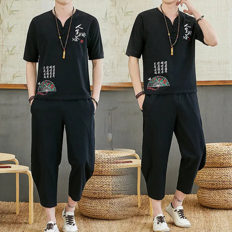 Embroidered Retro Cotton And Linen Short-sleeved T-shirt Casual Loose Trend Tang Suit - WAlMYe #