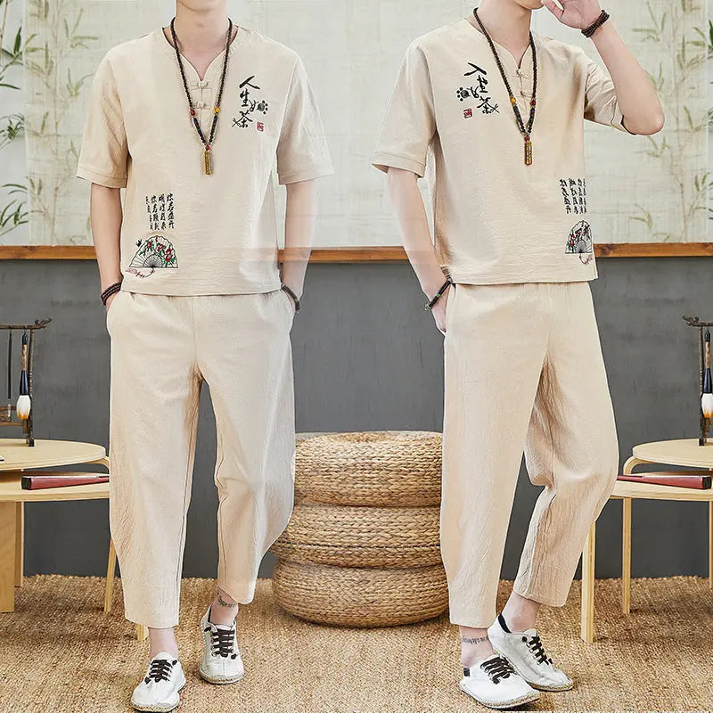 Embroidered Retro Cotton And Linen Short-sleeved T-shirt Casual Loose Trend Tang Suit - WAlMYe #