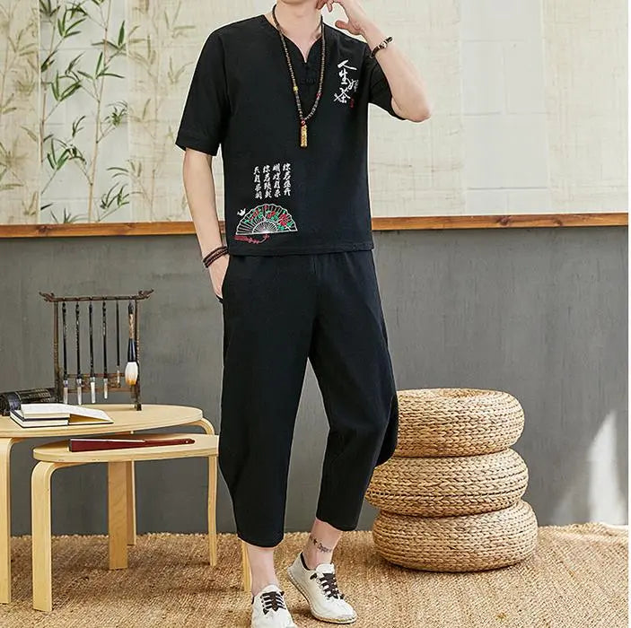 Embroidered Retro Cotton And Linen Short-sleeved T-shirt Casual Loose Trend Tang Suit - WAlMYe #