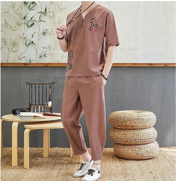 Embroidered Retro Cotton And Linen Short-sleeved T-shirt Casual Loose Trend Tang Suit - WAlMYe #