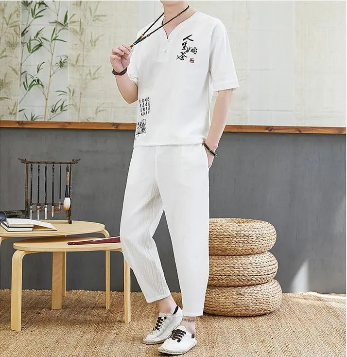 Embroidered Retro Cotton And Linen Short-sleeved T-shirt Casual Loose Trend Tang Suit - WAlMYe #