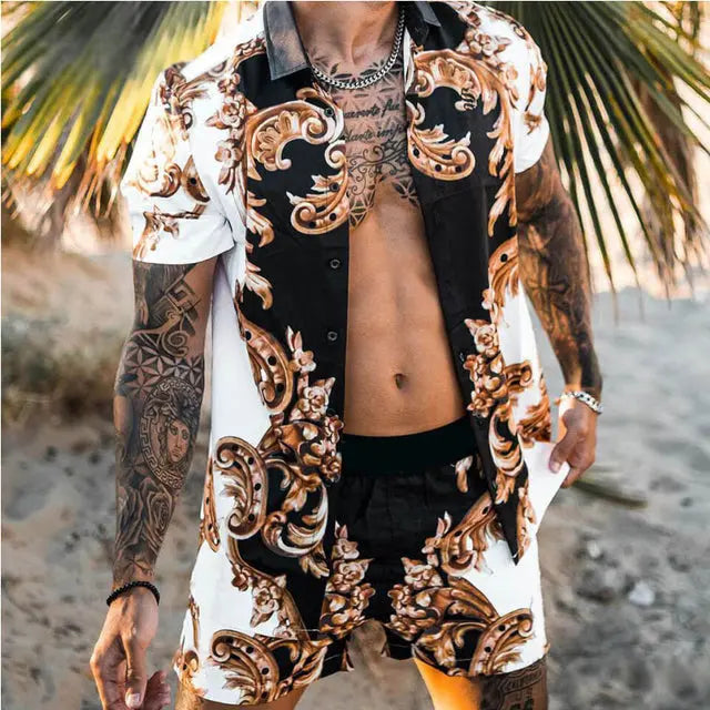 Floral Shirt Beach Two Piece Suit New Fashion Men Sets - WAlMYe #