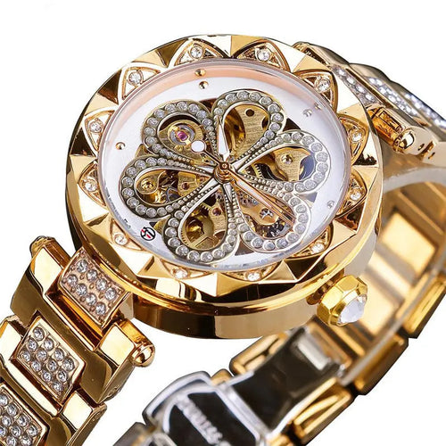 Forsining Mechanical Automatic Ladies Watches Top Brand Luxury Rhinestone Female Wrist Watches Rose Gold Stainless Steel Clock - WAlMYe #