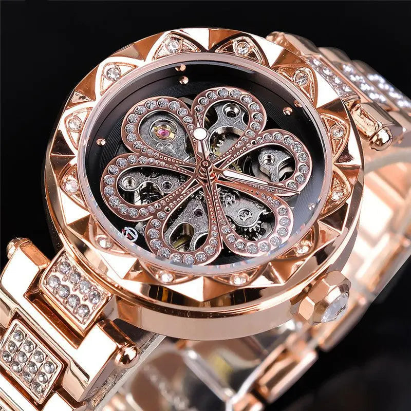 Forsining Mechanical Automatic Ladies Watches Top Brand Luxury Rhinestone Female Wrist Watches Rose Gold Stainless Steel Clock - WAlMYe #