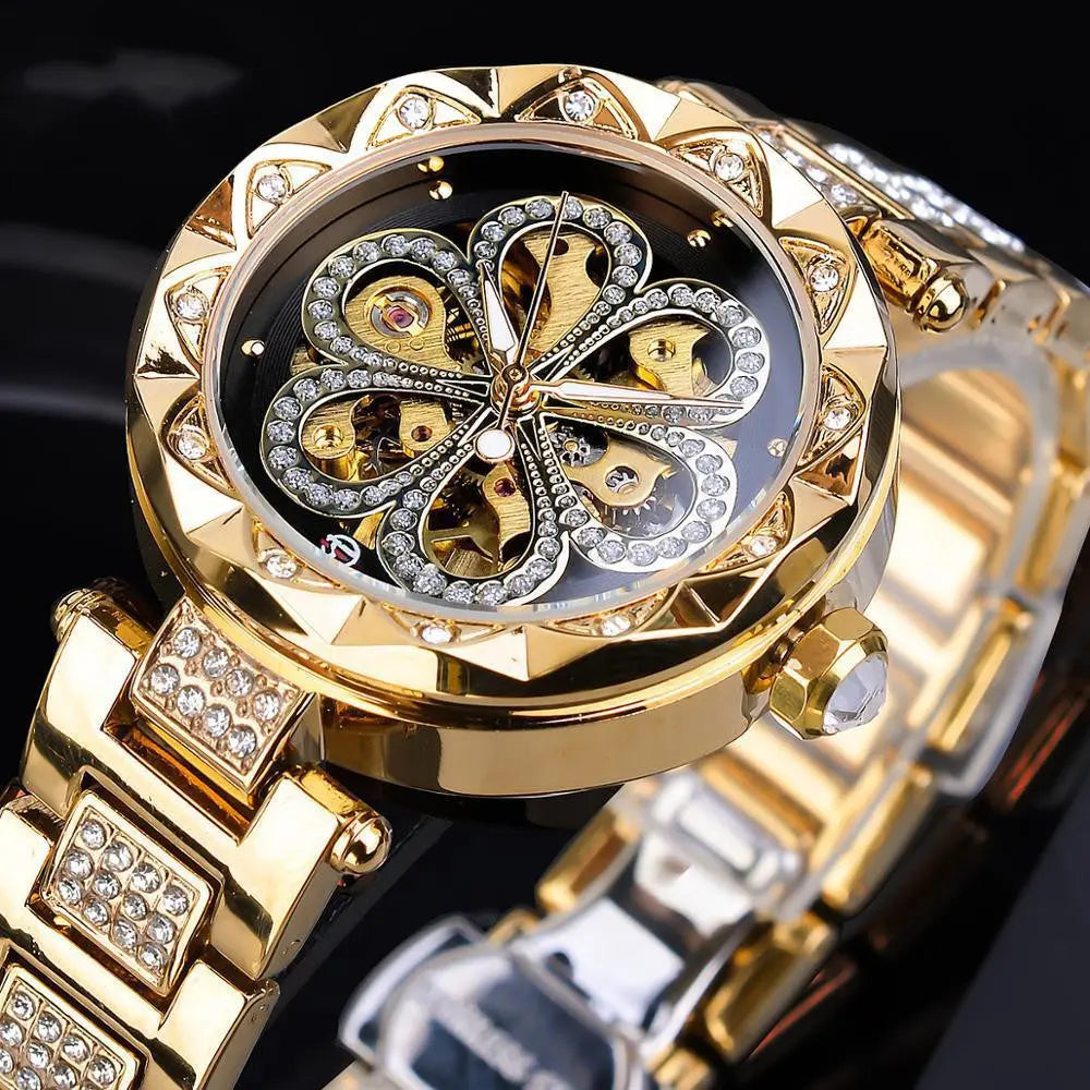 Forsining Mechanical Automatic Ladies Watches Top Brand Luxury Rhinestone Female Wrist Watches Rose Gold Stainless Steel Clock - WAlMYe #