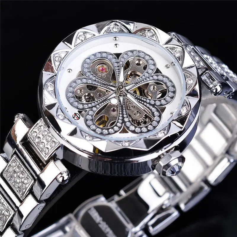 Forsining Mechanical Automatic Ladies Watches Top Brand Luxury Rhinestone Female Wrist Watches Rose Gold Stainless Steel Clock - WAlMYe #