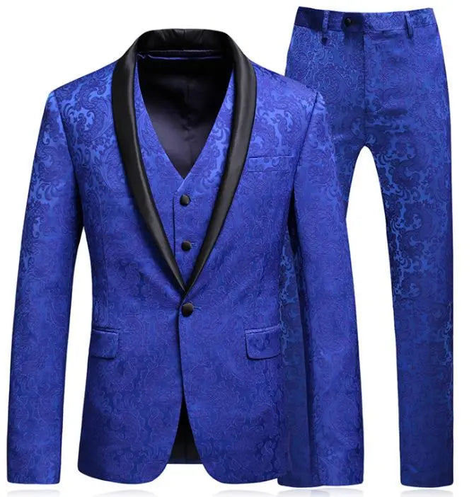 High-end Suit Jacquard Navy Blue Green Fruit Collar Men's Suit Three-piece Banquet Groom Dress - WAlMYe #