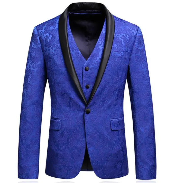 High-end Suit Jacquard Navy Blue Green Fruit Collar Men's Suit Three-piece Banquet Groom Dress - WAlMYe #