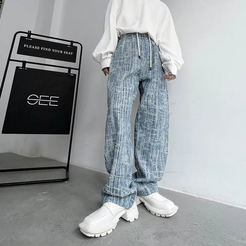 Ins Texture Sense Jacquard Old Loose Jeans Men - WAlMYe #