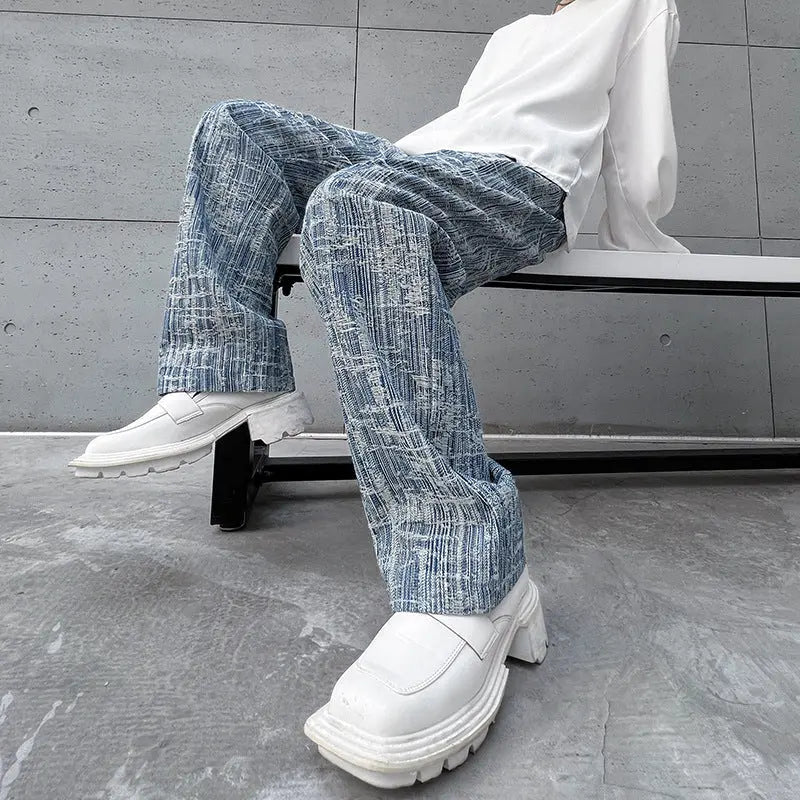 Ins Texture Sense Jacquard Old Loose Jeans Men - WAlMYe #
