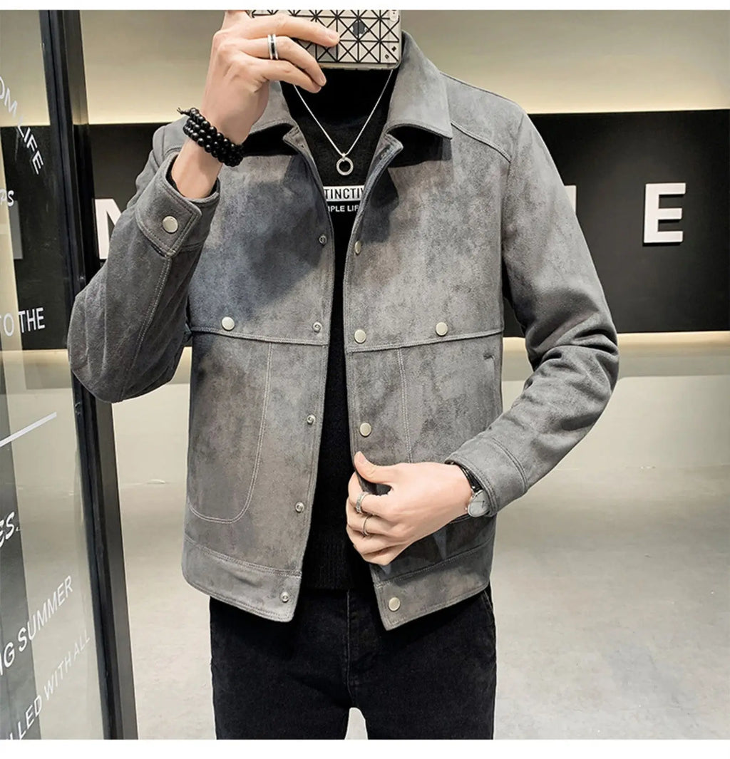 Korean Style Slim Spring And Autumn Thin Deerskin Velvet Youth Handsome Bomber Jacket Men's - WAlMYe #