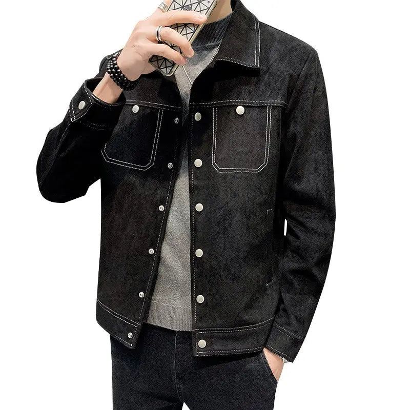 Korean Style Slim Spring And Autumn Thin Deerskin Velvet Youth Handsome Bomber Jacket Men's - WAlMYe #